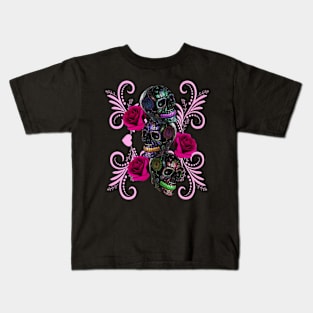 Triple Black Day Of The Dead Skulls Pink Roses Kids T-Shirt